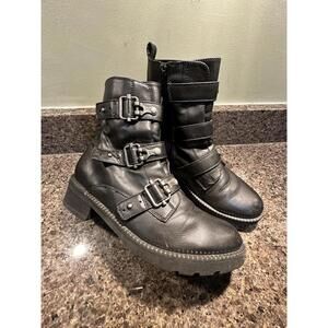 SO Kohls Women’s Sz 7.5 Combat Boots Black 3 Silver Buckle Accents Side Zip